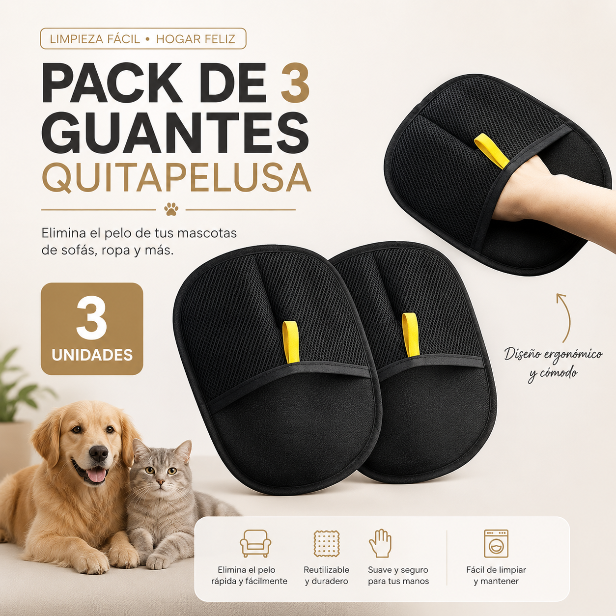 Pack 3 Guantes Quitapelos para Perros y Gatos